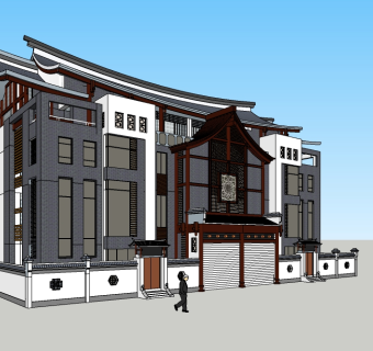 新中式连排别墅su模型下载，别墅草图大师模型分享