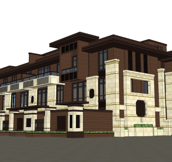 新中式连排别墅su模型下载，别墅草图大师模型分享