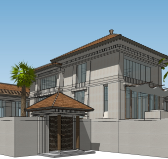 新中式独栋别墅su模型免费下载，别墅sketchup模型下载
