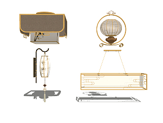 中式吊灯灯具组合草图大师模型，中式灯具组合sketchup模型下载