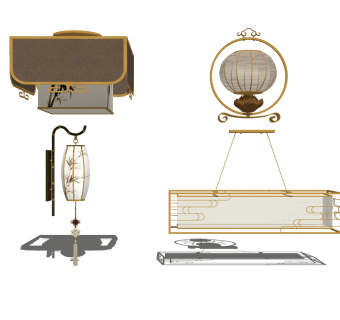 中式吊灯灯具组合草图大师模型，中式灯具组合sketchup模型下载