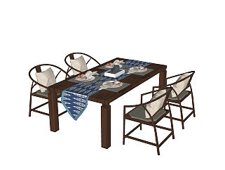 新中式实木餐桌椅su模型，新中式桌子长桌子sketchup模型下载