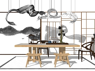 中式茶桌<em>椅</em>su模型，简约 茶桌sketchup模型下载