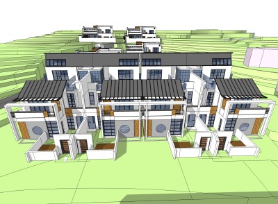 中式联排别墅草图大师模型，别墅sketchup模型下载