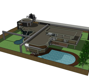 欧式独栋泳池别墅草图大师模型，别墅SU模型下载