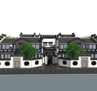 新中式徽派建筑草图大师模型，古建民俗sketchup模型免费下载