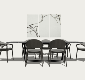 新中式餐桌椅组合su模型，餐桌sketchup模型下载
