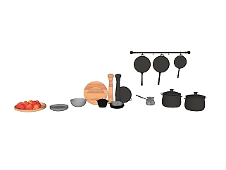 现代锅碗瓢盆组合免费su模型，厨具草图大师模型下载