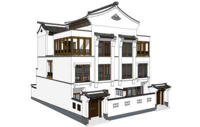 新中式徽派建筑草图大师模型，古建民俗sketchup模型免费下载