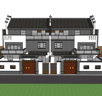 新中式徽派建筑草图大师模型，古建民俗sketchup模型免费下载