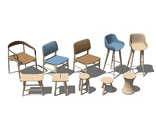 现代原木单椅吧椅凳子组合草图大师模型，吧椅sketchup...