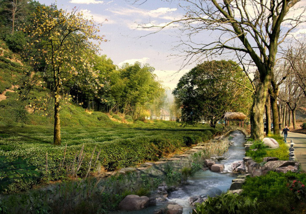茶园溪水景观效果图，度假村园林效果图设计