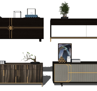 新中式电视柜组合su模型，电视柜草图大师模型下载