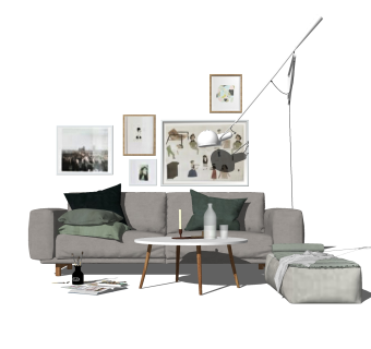 北欧布艺沙发组合su模型，沙发组合家具sketchup模型下载