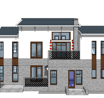 新中式别墅su模型下载、新中式别墅草图大师模型下载