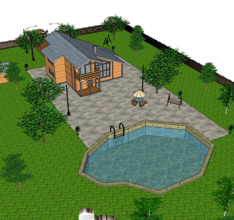 欧式泳池别墅草图大师模型，别墅SU模型下载